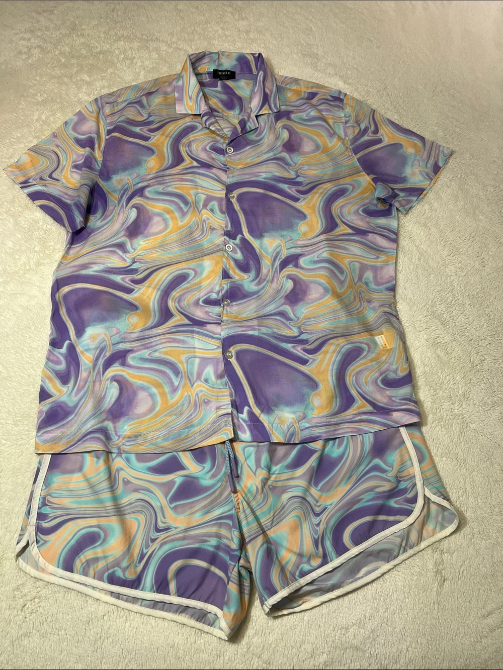 Forever 21 Men Swirl Festival Rave Print Shirt & Shorts